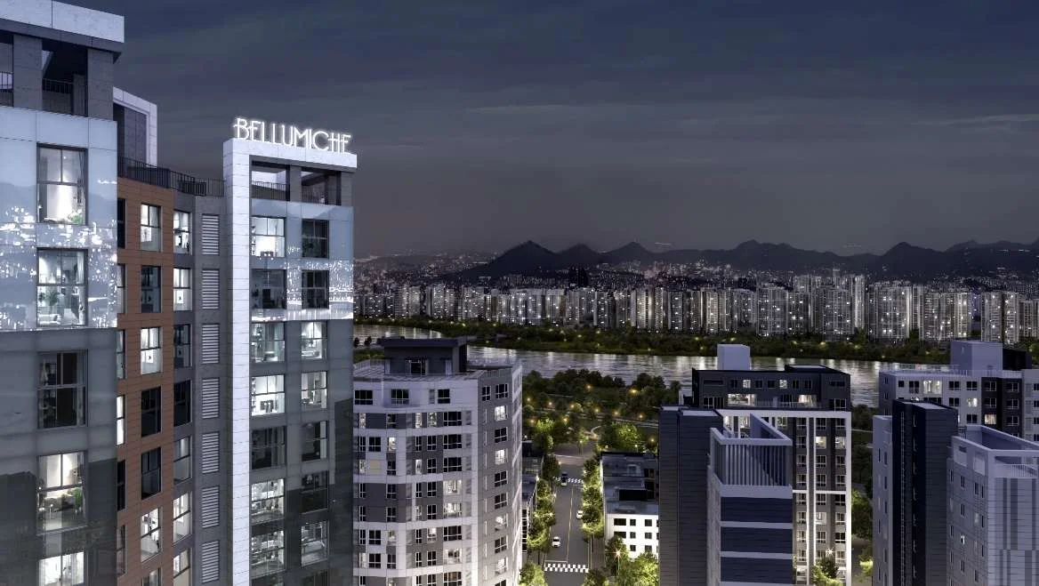 옥상 BELLUMICHE 사인과 LED 라인 경관조명 야경
